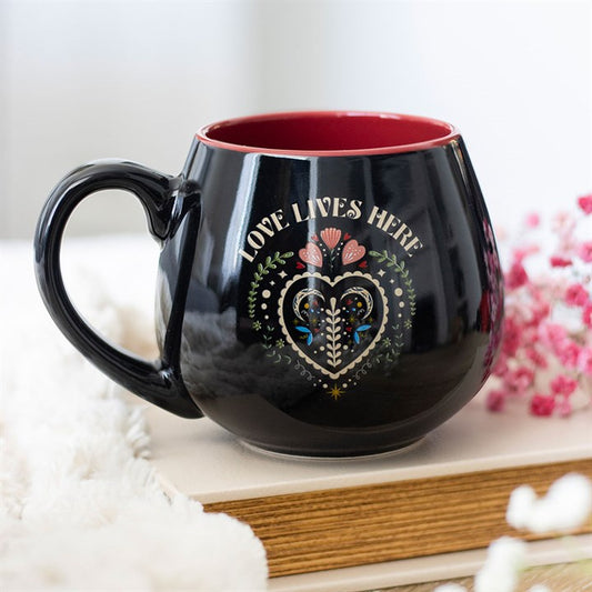 Love Lives Here Folk Heart Rounded Mug - The Enchanted Spine